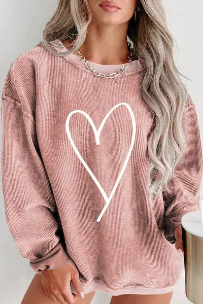 Plus Size Heart Ribbed Round Neck Sweatshirt - GlossiChic Collection Dusty Pink / 1XL GlossiChic Collection apparel