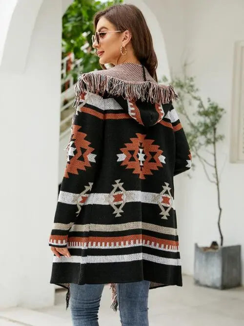 Fringe Geometric Hooded Long Sleeve Cardigan GlossiChic Collection