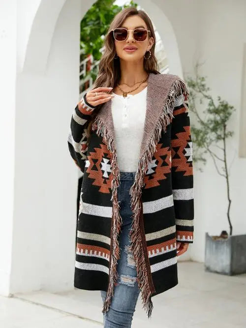 Fringe Geometric Hooded Long Sleeve Cardigan GlossiChic Collection