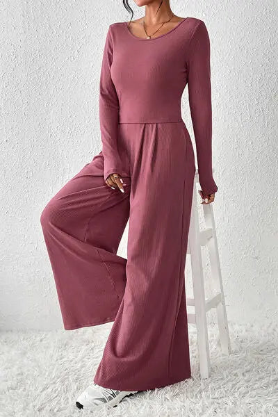 Ribbed Round Neck Top and Wide-Leg Pants Set GlossiChic Collection