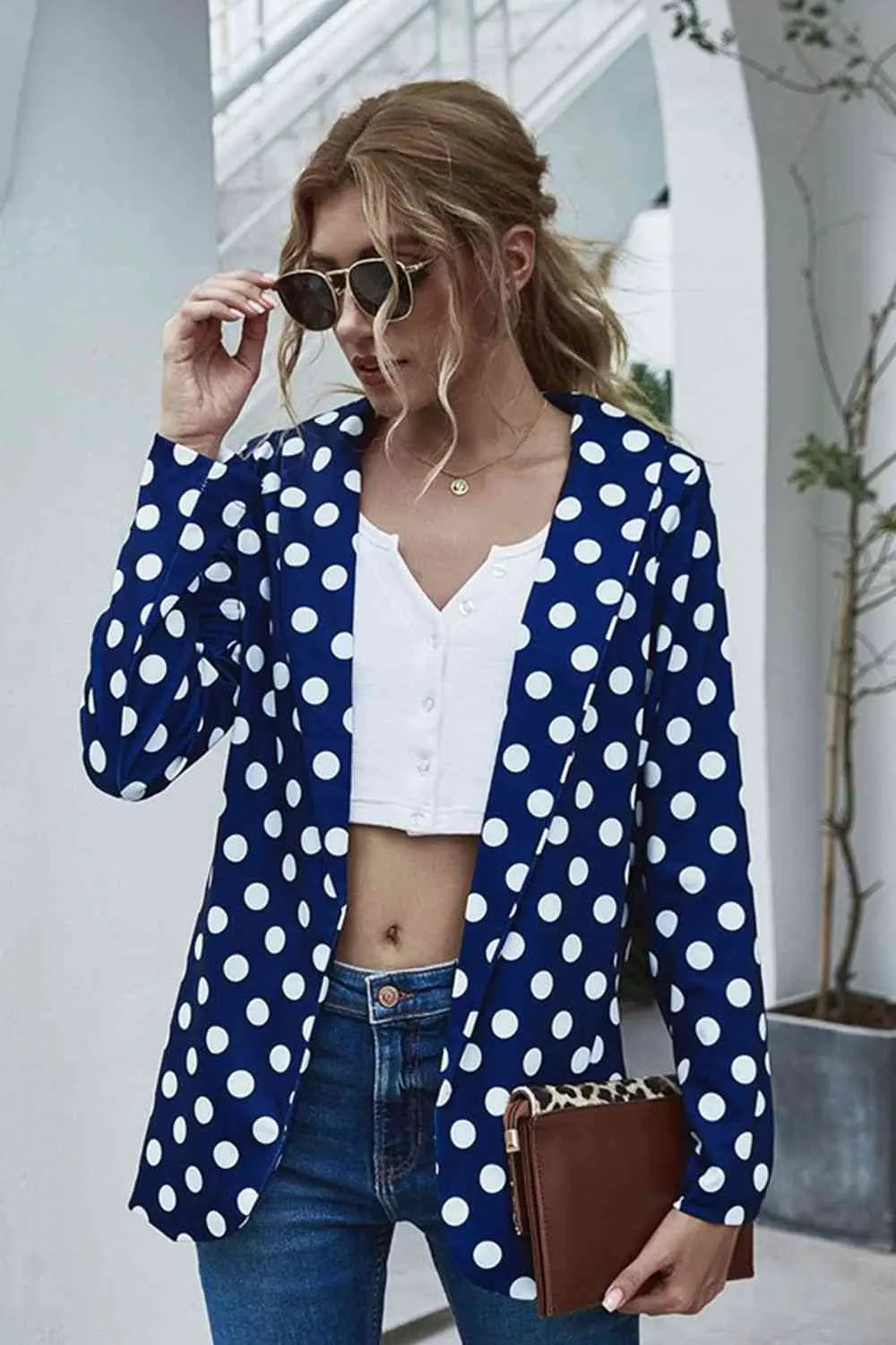 Polka Dot Long Sleeve Blazer - GlossiChic Collection Navy / S GlossiChic Collection Blazer & Cardigan