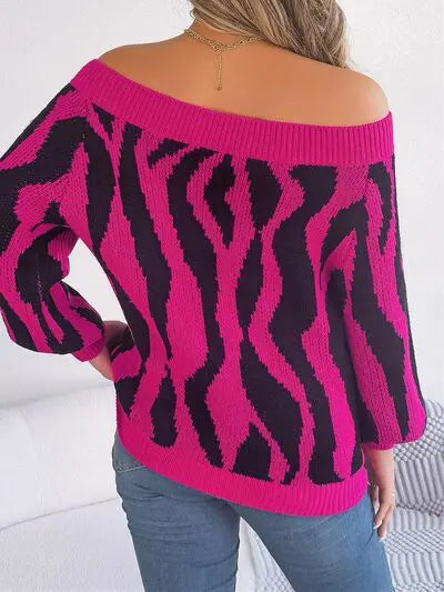 Off-Shoulder Animal Print Long Sleeve Sweater GlossiChic Collection