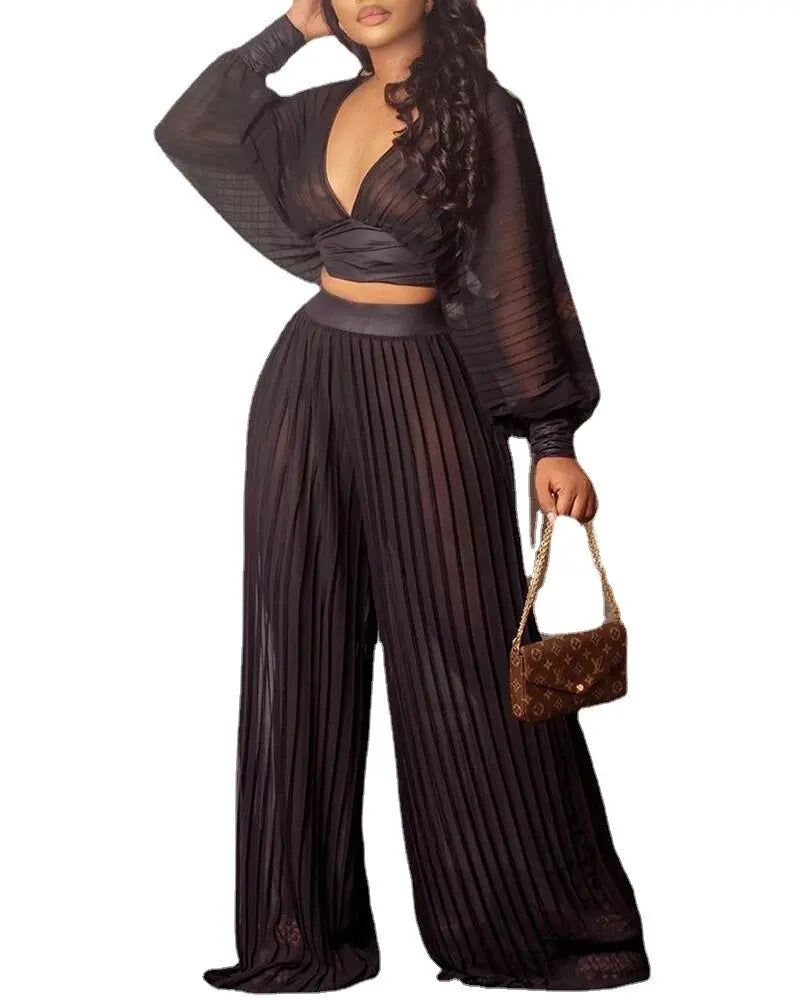 Pleated Wide-leg Pants Two-piece Suit GlossiChic Collection