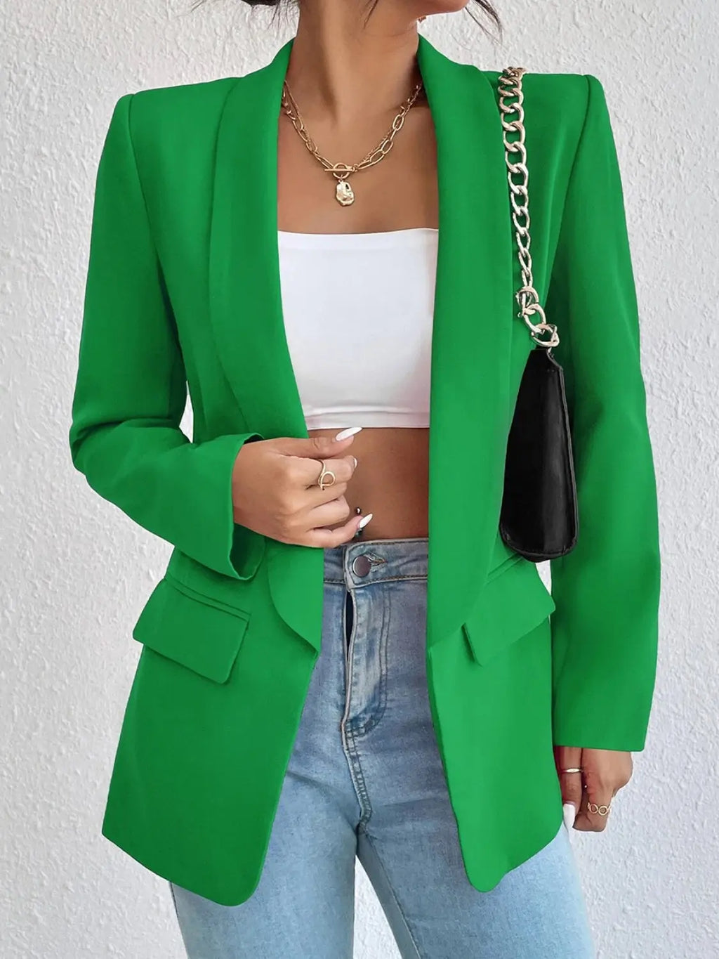 Shawl Collar Long Sleeve Blazer - GlossiChic Collection Mid Green / S GlossiChic Collection Blazer & Cardigan