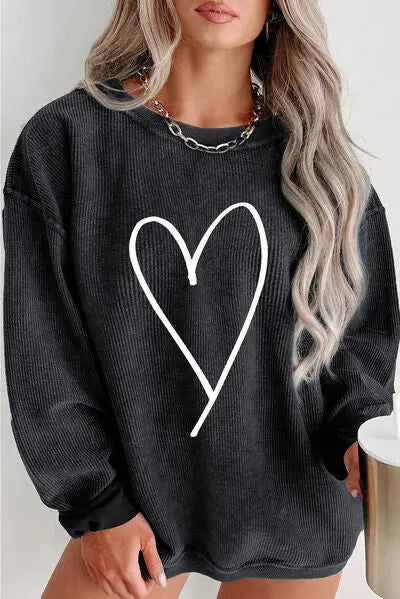 Plus Size Heart Ribbed Round Neck Sweatshirt - GlossiChic Collection Black / 1XL GlossiChic Collection apparel