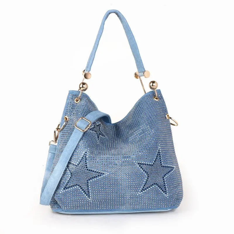 Star Design Denim Canvas Bucket Handbag GlossiChic Collection