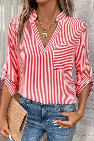Striped Notched Roll-Tab Sleeve Shirt - GlossiChic Collection Red / S GlossiChic Collection Shirts & Tops