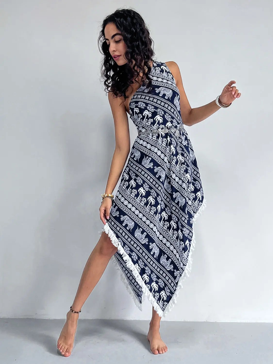 Fringe Printed Single Shoulder Dress - GlossiChic Collection