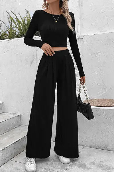 Ribbed Round Neck Top and Wide-Leg Pants Set GlossiChic Collection