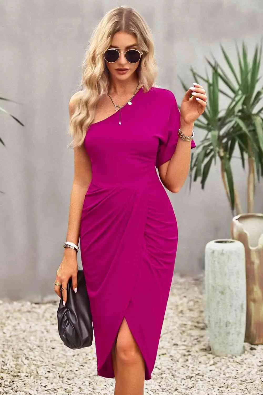 Ruched One-Shoulder Tulip Hem Dress GlossiChic Collection