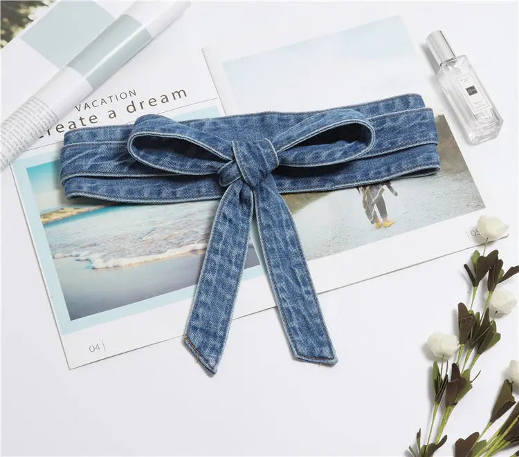 Fashion Wash Denim Bow Tie Waist Belt - GlossiChic Collection