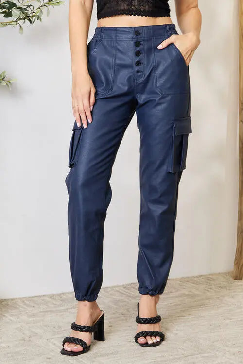 High Waist Faux Leather Cargo Joggers - GlossiChic Collection Navy / S GlossiChic Collection apparel