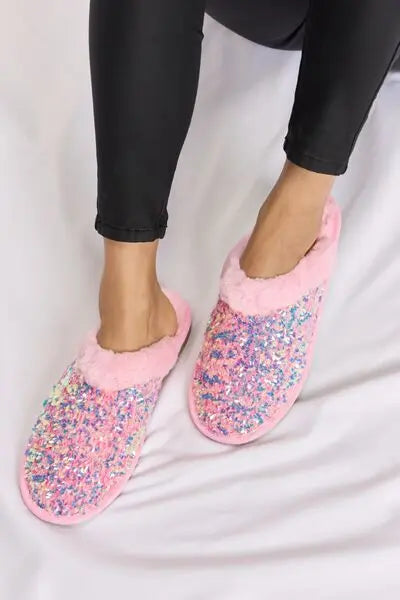 Forever Link Sequin Plush Round Toe Slippers Trendsi