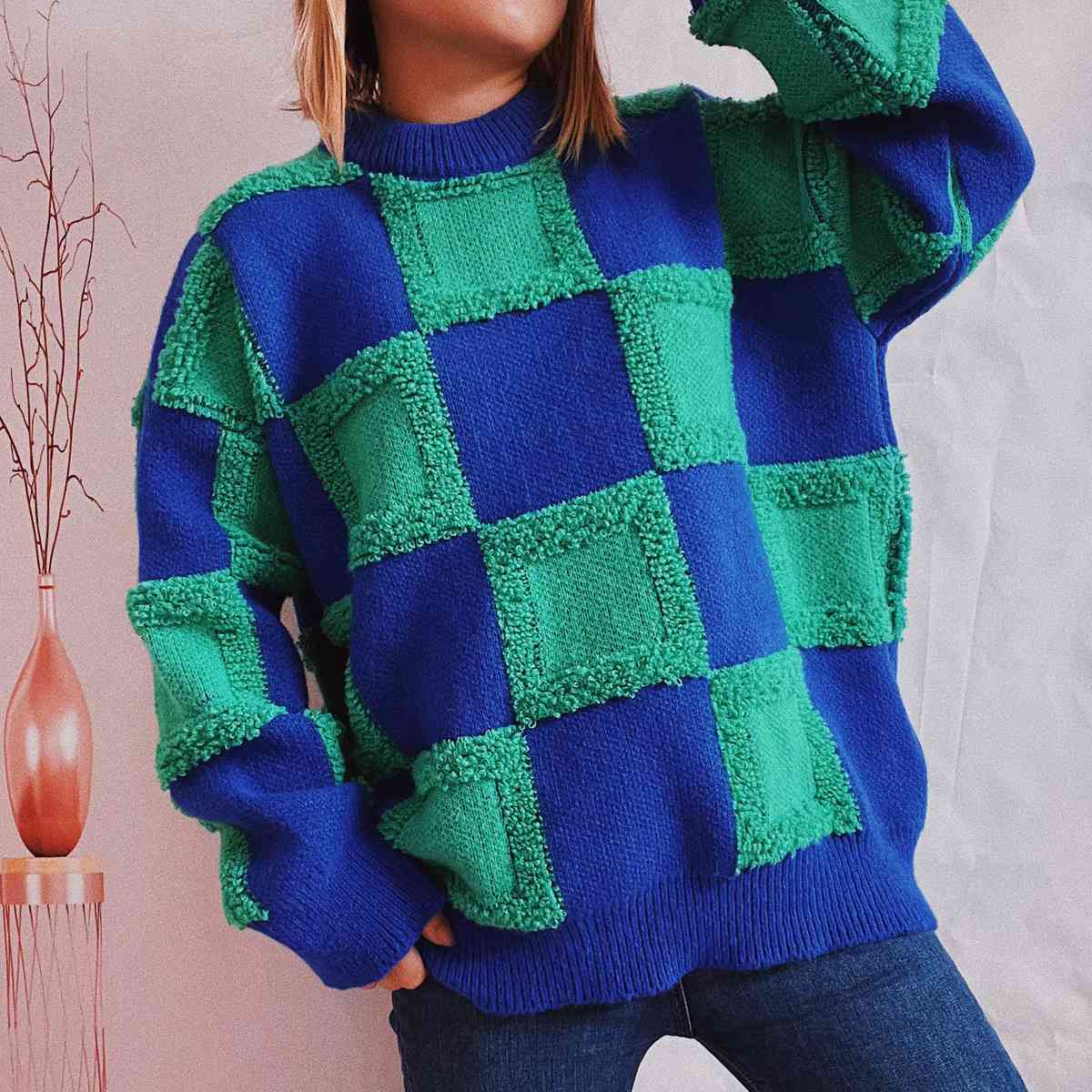 Checkered Round Neck Long Sleeve Sweater - GlossiChic Collection Black / S GlossiChic Collection apparel