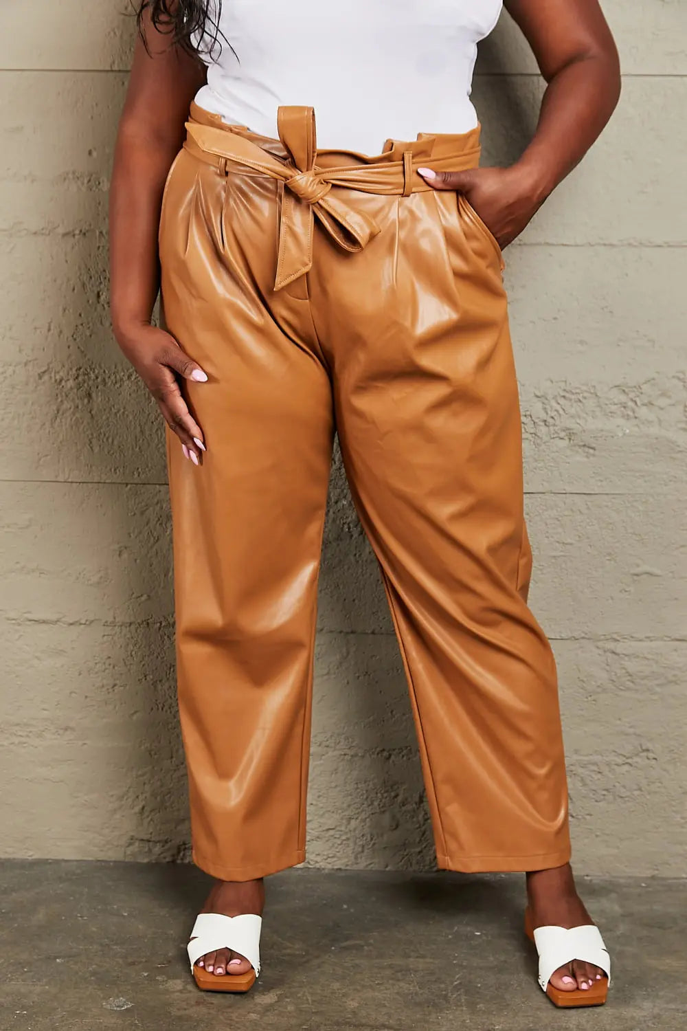 Full Size Faux Leather Waist Pants - GlossiChic Collection