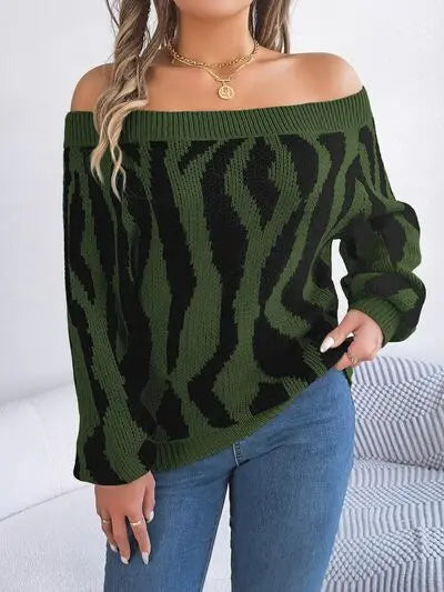 Off-Shoulder Animal Print Long Sleeve Sweater GlossiChic Collection