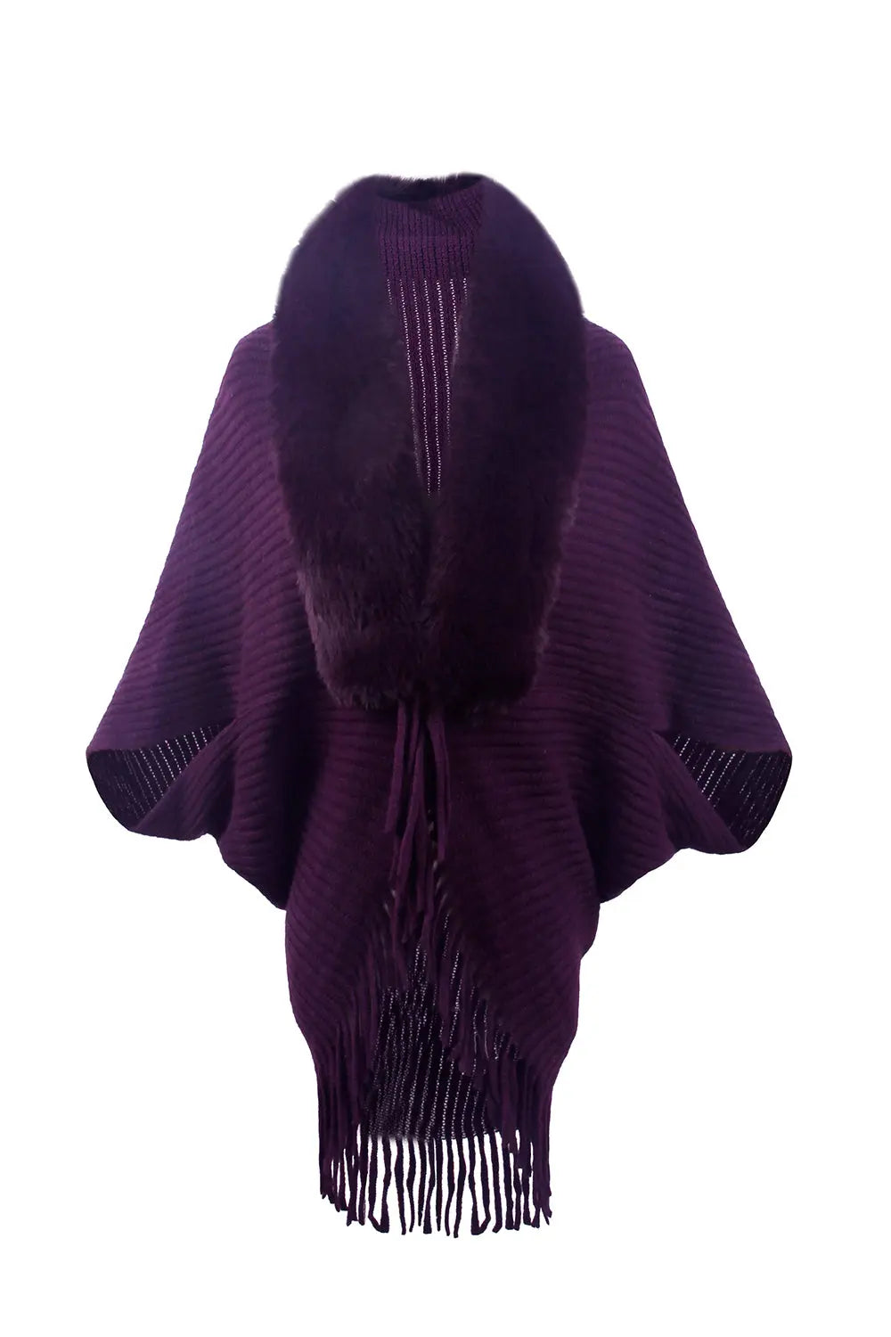 Fringe Detail Long Sleeve Ribbed Poncho - GlossiChic Collection Violet / One Size GlossiChic Collection apparel