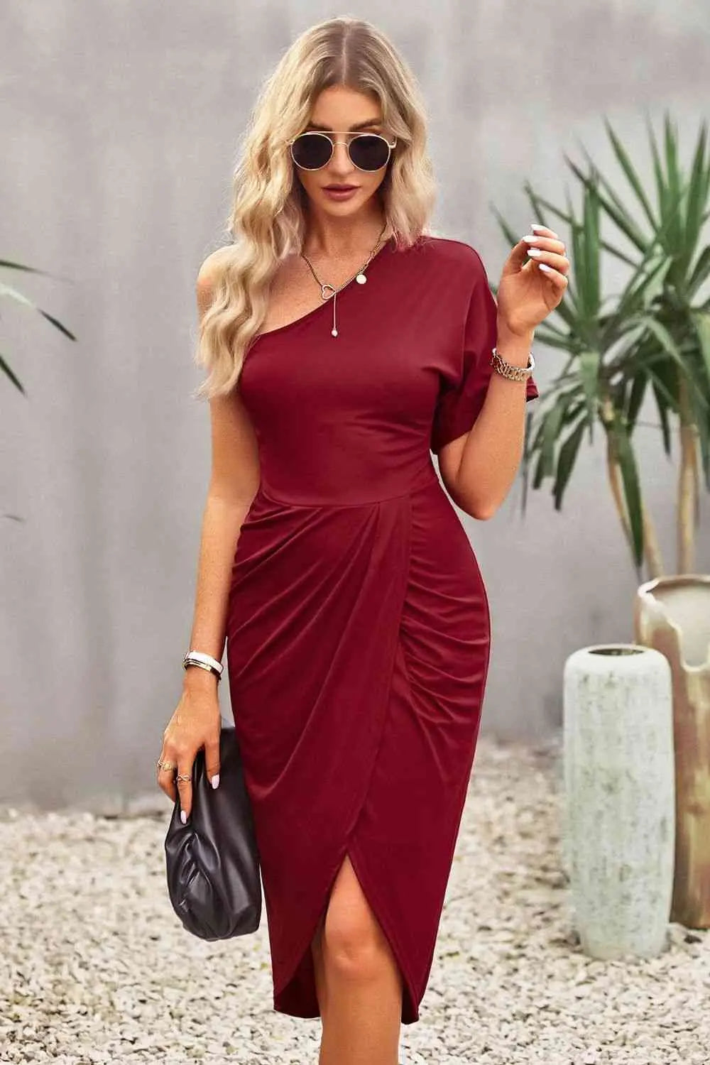 Ruched One-Shoulder Tulip Hem Dress GlossiChic Collection