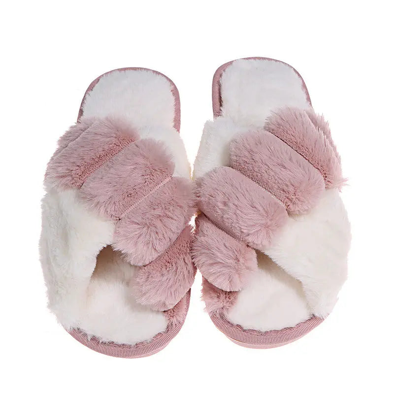 Furry Cross-Strap Slippers Flat Shoes GlossiChic Collection