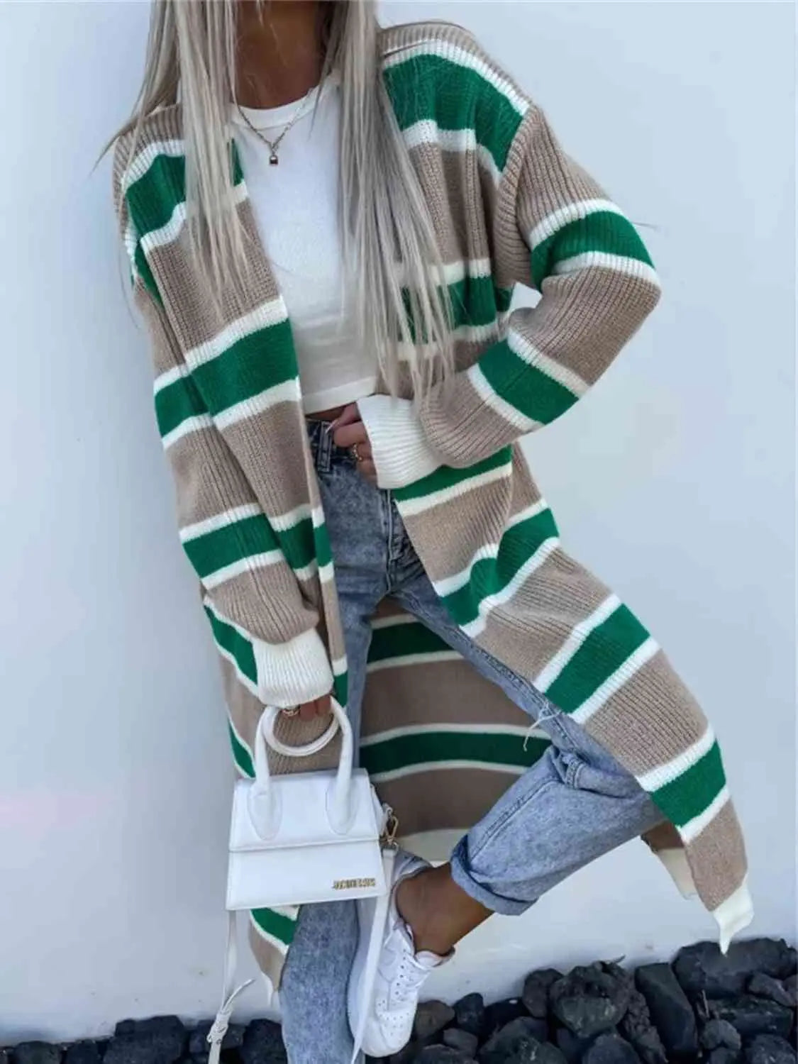 Striped Open Front Longline Cardigan GlossiChic Collection