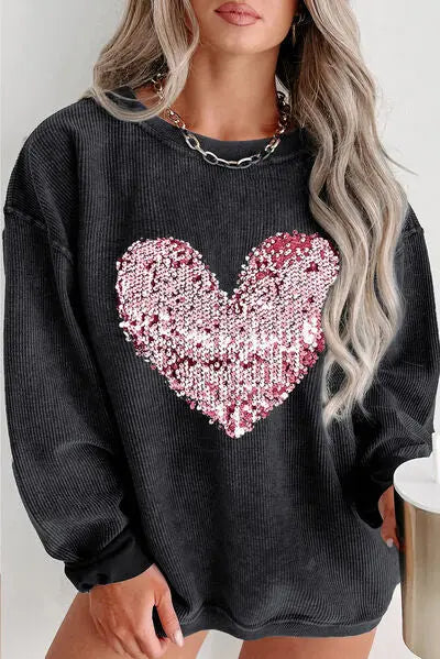 Plus Size Heart Sequin Round Neck Sweatshirt - GlossiChic Collection Black / 1XL GlossiChic Collection apparel