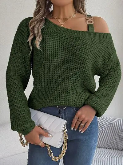 Asymmetrical Neck Long Sleeve Sweater - GlossiChic Collection Army Green / S GlossiChic Collection apparel