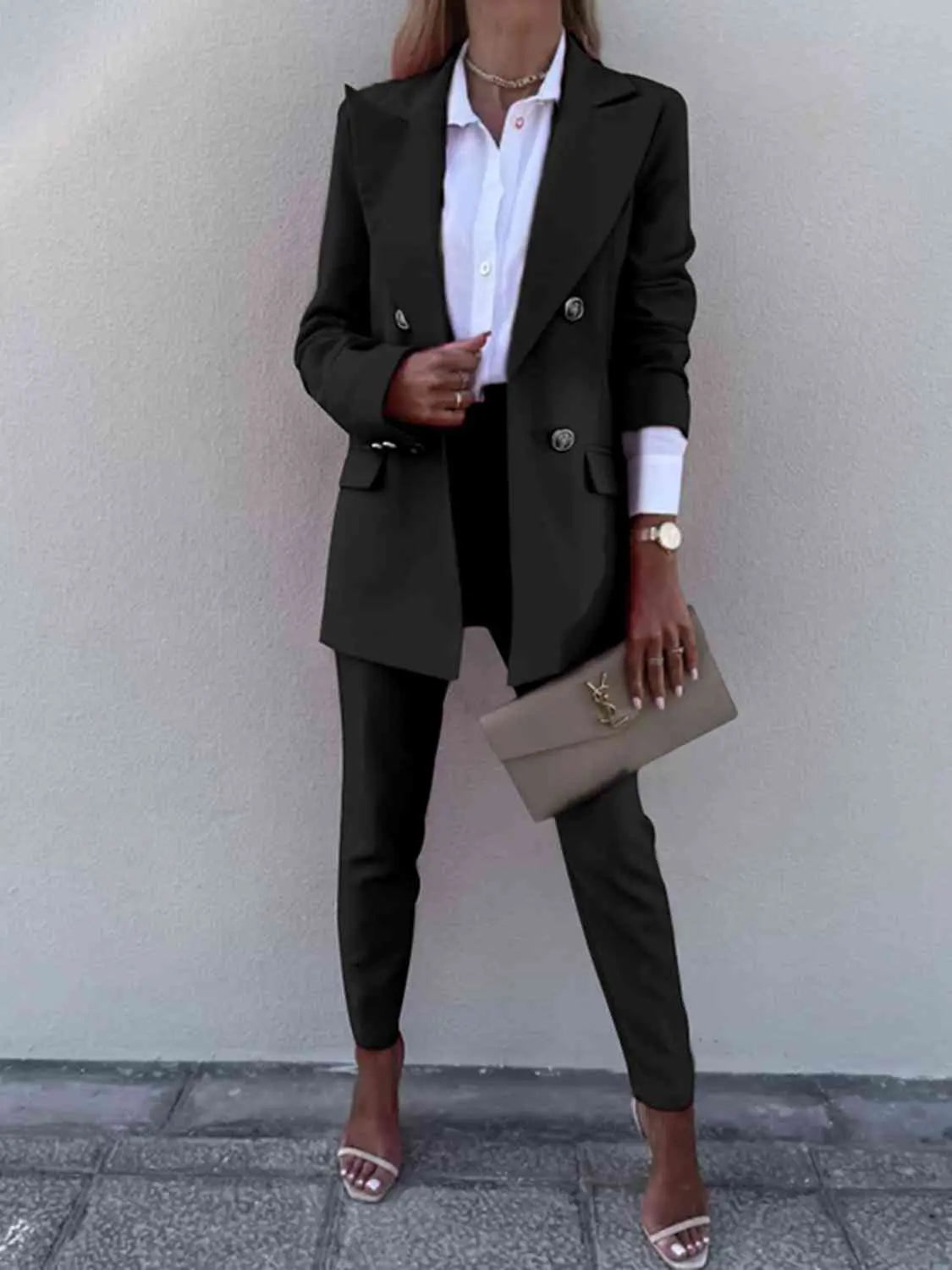 Lapel Collar Long Sleeve Blazer and Pants Set - GlossiChic Collection Black / S GlossiChic Collection Outfit Sets