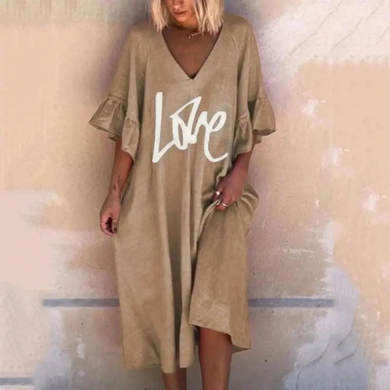 Casual V-neck Lotus Leaf Sleeve Plus Size Dress - GlossiChic Collection