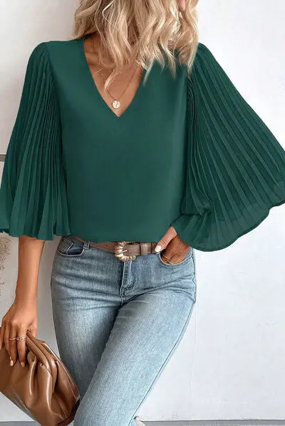Pleated Flutter Sleeve V-Neck Blouse - GlossiChic Collection Black Forest / S GlossiChic Collection Shirts & Tops