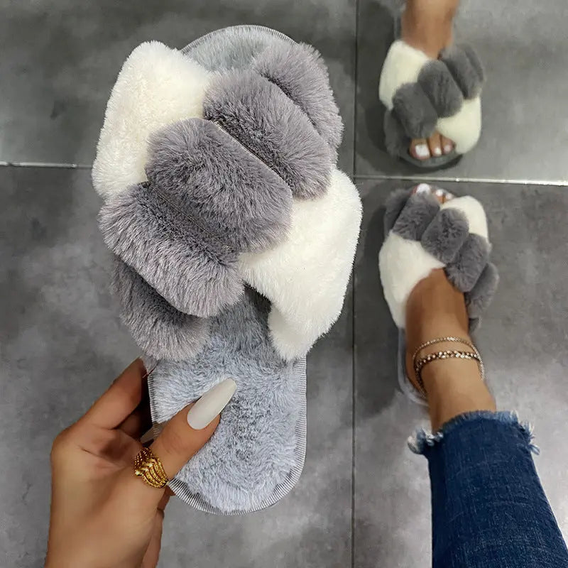 Furry Cross-Strap Slippers Flat Shoes GlossiChic Collection