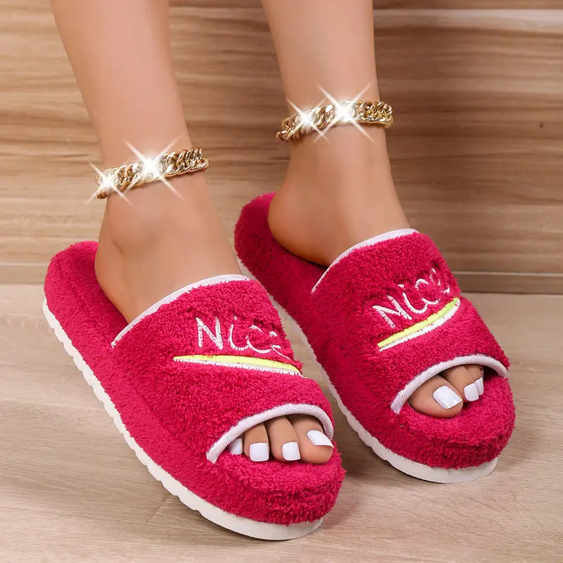 Furry Peep Toe House Slippers Shoes GlossiChic Collection