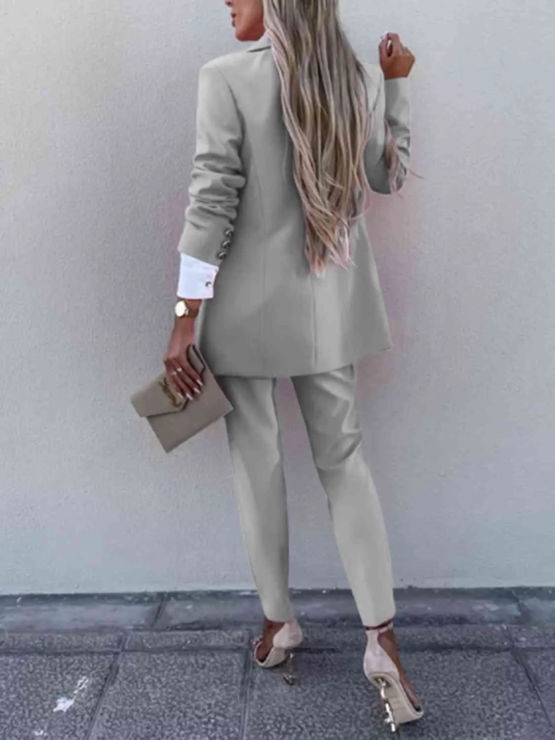 Lapel Collar Long Sleeve Blazer and Pants Set - GlossiChic Collection Charcoal / S GlossiChic Collection Outfit Sets