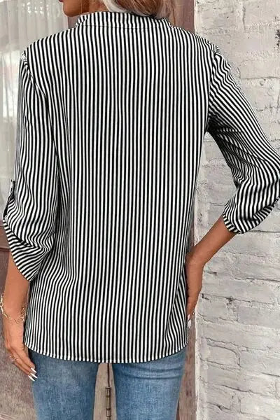 Striped Notched Roll-Tab Sleeve Shirt - GlossiChic Collection Red / S GlossiChic Collection Shirts & Tops