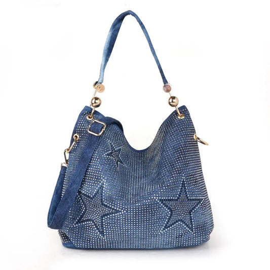 Star Design Denim Canvas Bucket Handbag GlossiChic Collection