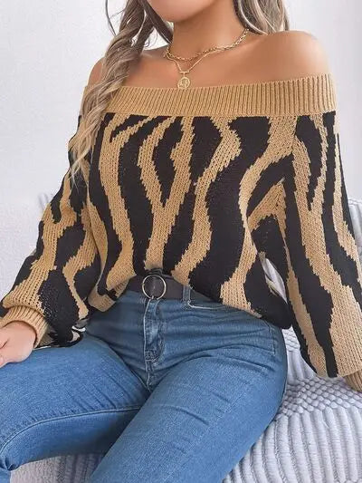 Off-Shoulder Animal Print Long Sleeve Sweater GlossiChic Collection