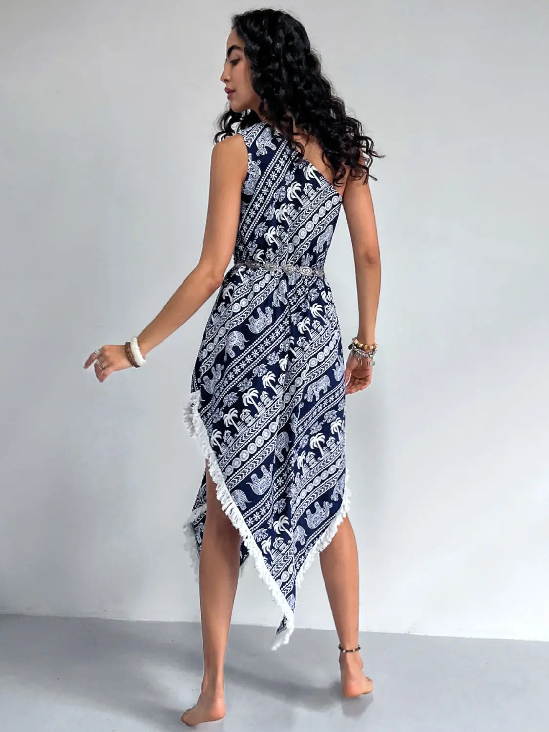 Fringe Printed Single Shoulder Dress - GlossiChic Collection