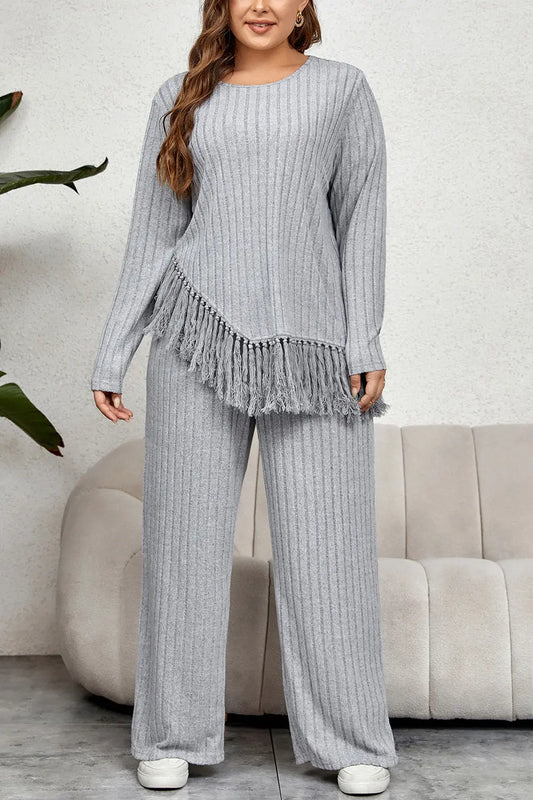 Plus Size Tassel Hem Top and Pants Set GlossiChic Collection