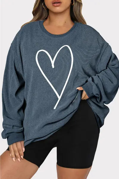 Plus Size Heart Ribbed Round Neck Sweatshirt GlossiChic Collection