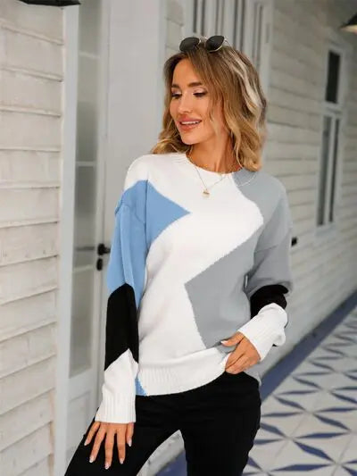 Color Block Round Neck Dropped Shoulder Sweater GlossiChic Collection