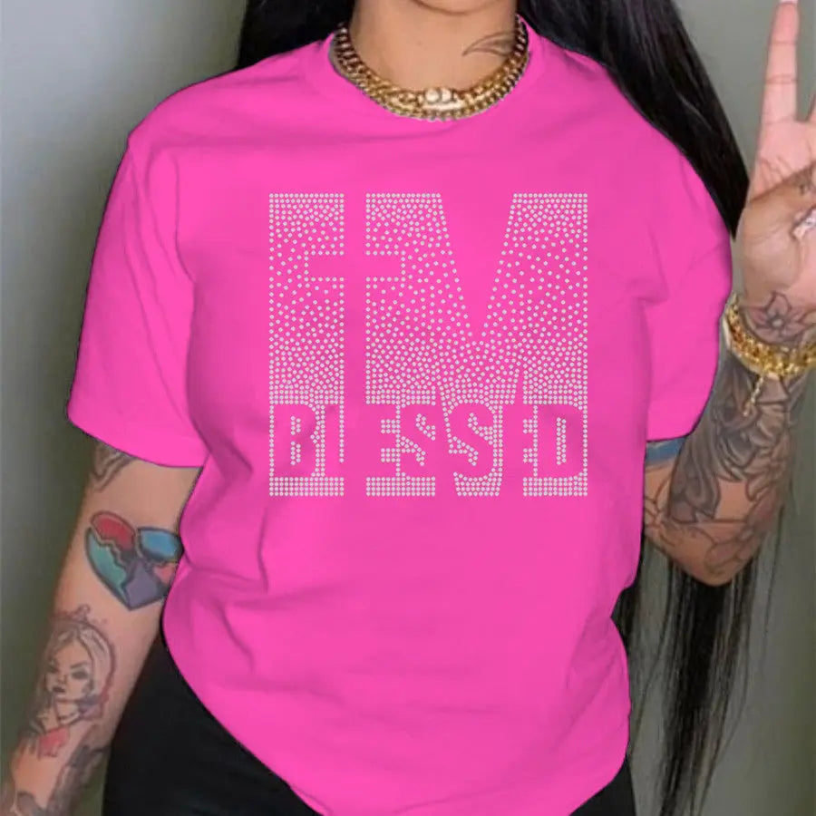 IM BLESSED Casual Round Neck Short-Sleeved T-Shirt GlossiChic Collection