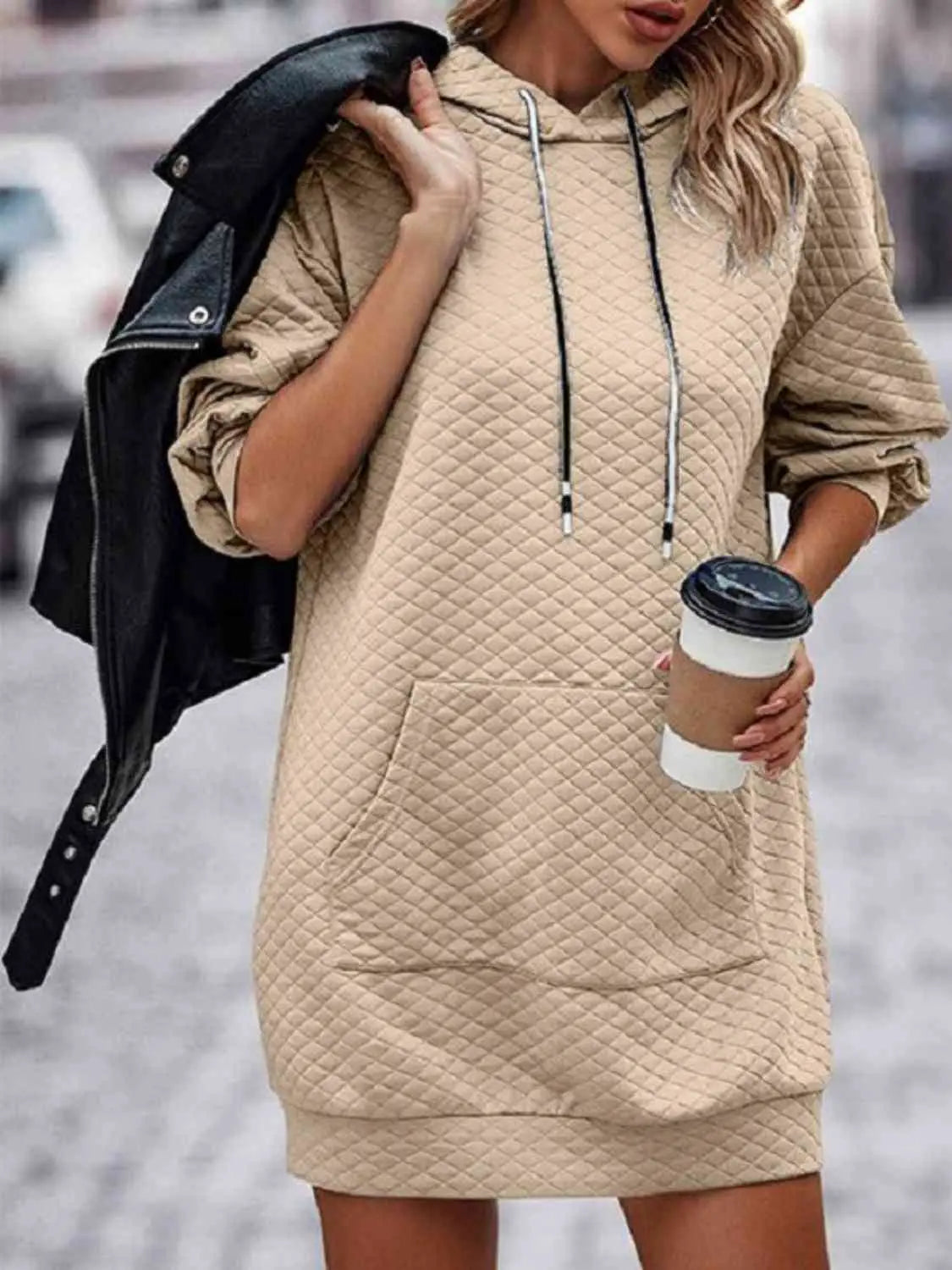 Textured Drawstring Tunic Hoodie GlossiChic Collection