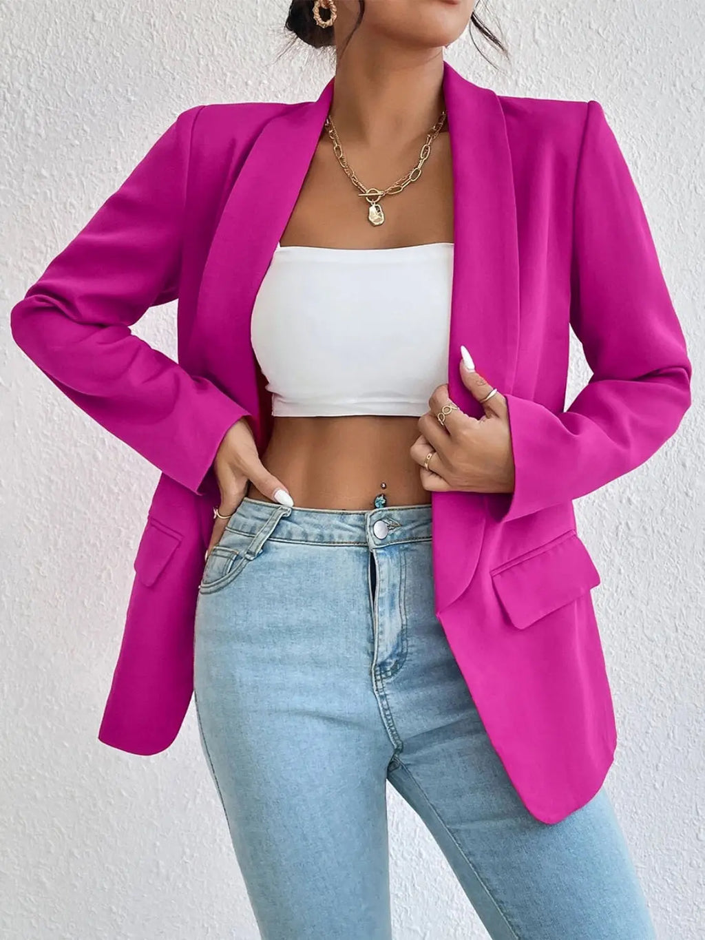 Shawl Collar Long Sleeve Blazer - GlossiChic Collection Hot Pink / S GlossiChic Collection Blazer & Cardigan