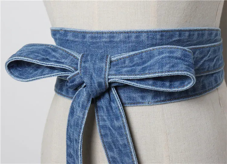 Fashion Wash Denim Bow Tie Waist Belt - GlossiChic Collection