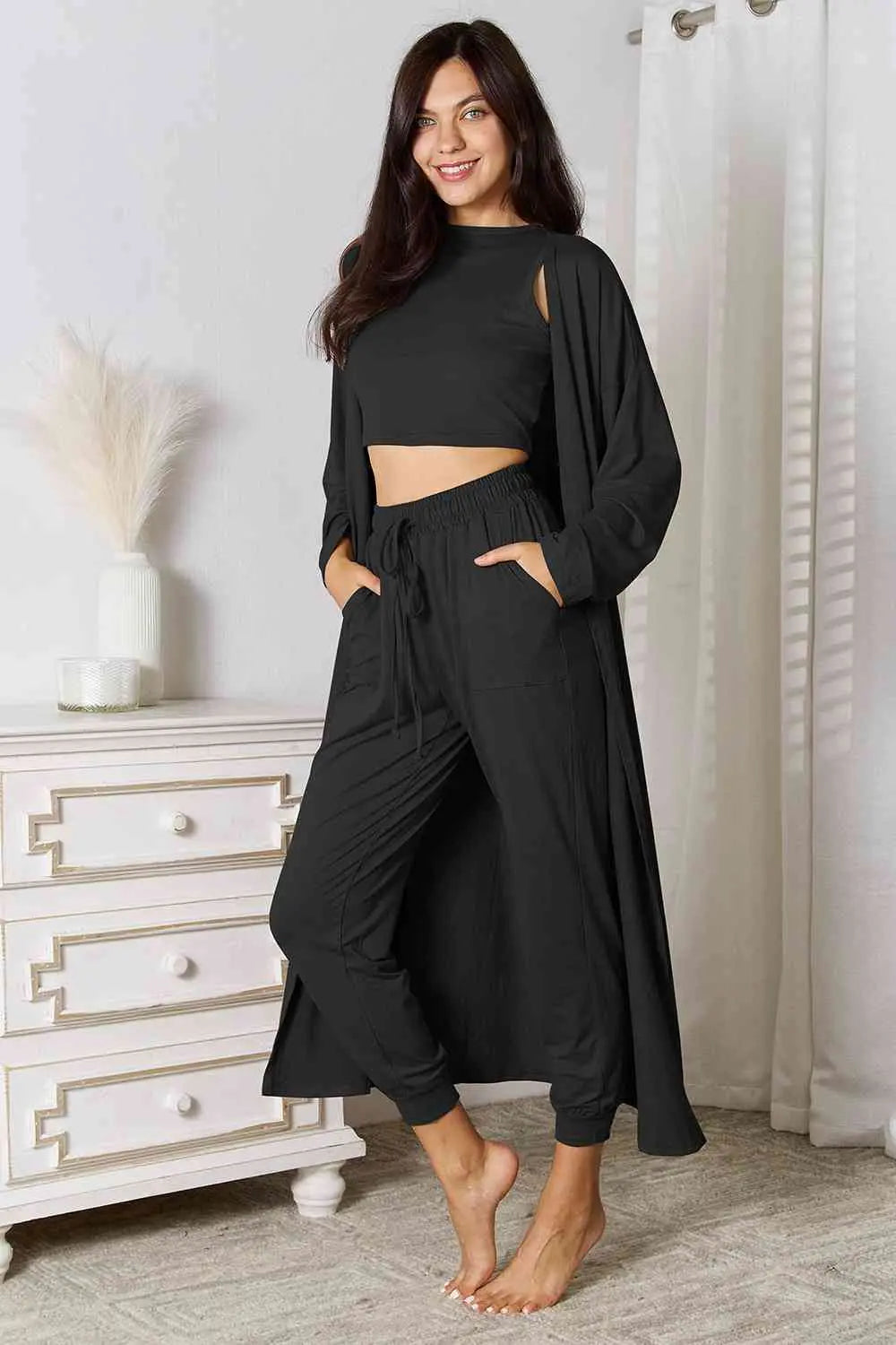Tank, Pants, Cardigan Set - GlossiChic Collection Taupe / S GlossiChic Collection Outfit Sets