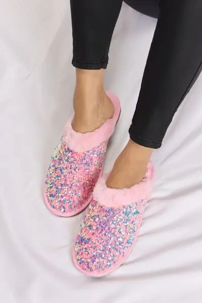 Forever Link Sequin Plush Round Toe Slippers Trendsi