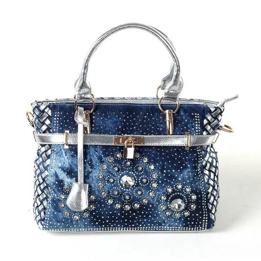 Glass Rhinestone Small Buckle Lock Denim Messenger Bag GlossiChic Collection