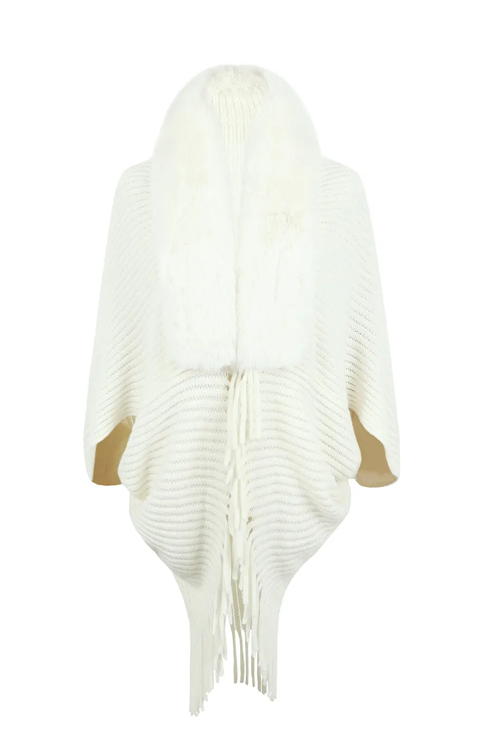 Fringe Detail Long Sleeve Ribbed Poncho - GlossiChic Collection Ivory / One Size GlossiChic Collection apparel