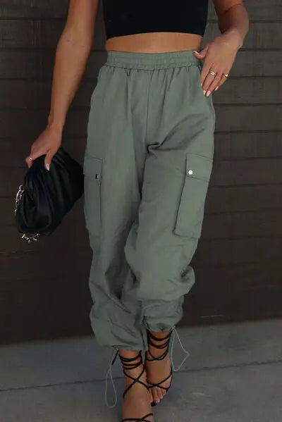 Drawstring Elastic Waist Pants with Pockets - GlossiChic Collection Charcoal / S GlossiChic Collection apparel