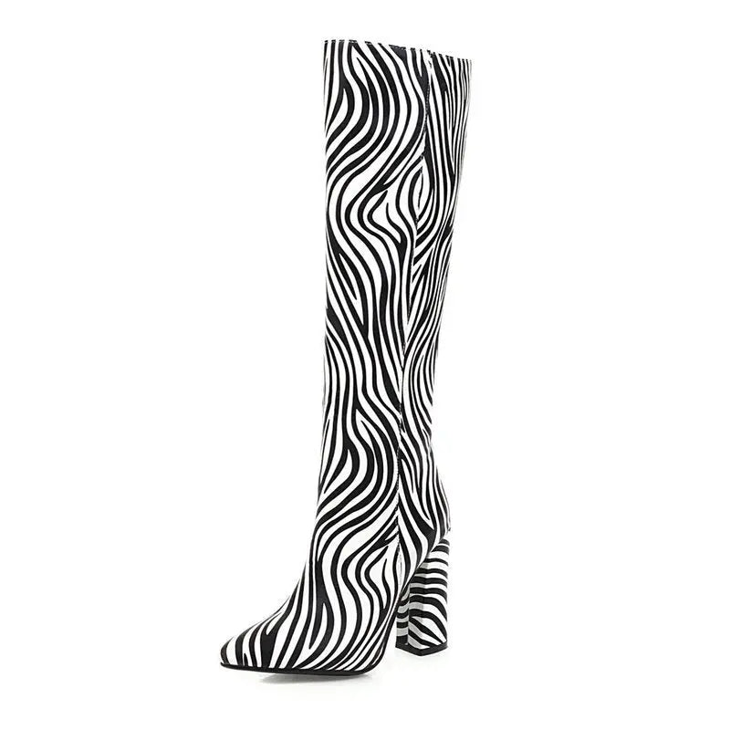 Fashion Animal Print Long Barrel Knight Boots Female Knee-high Thick High-heeled Boots - GlossiChic Collection