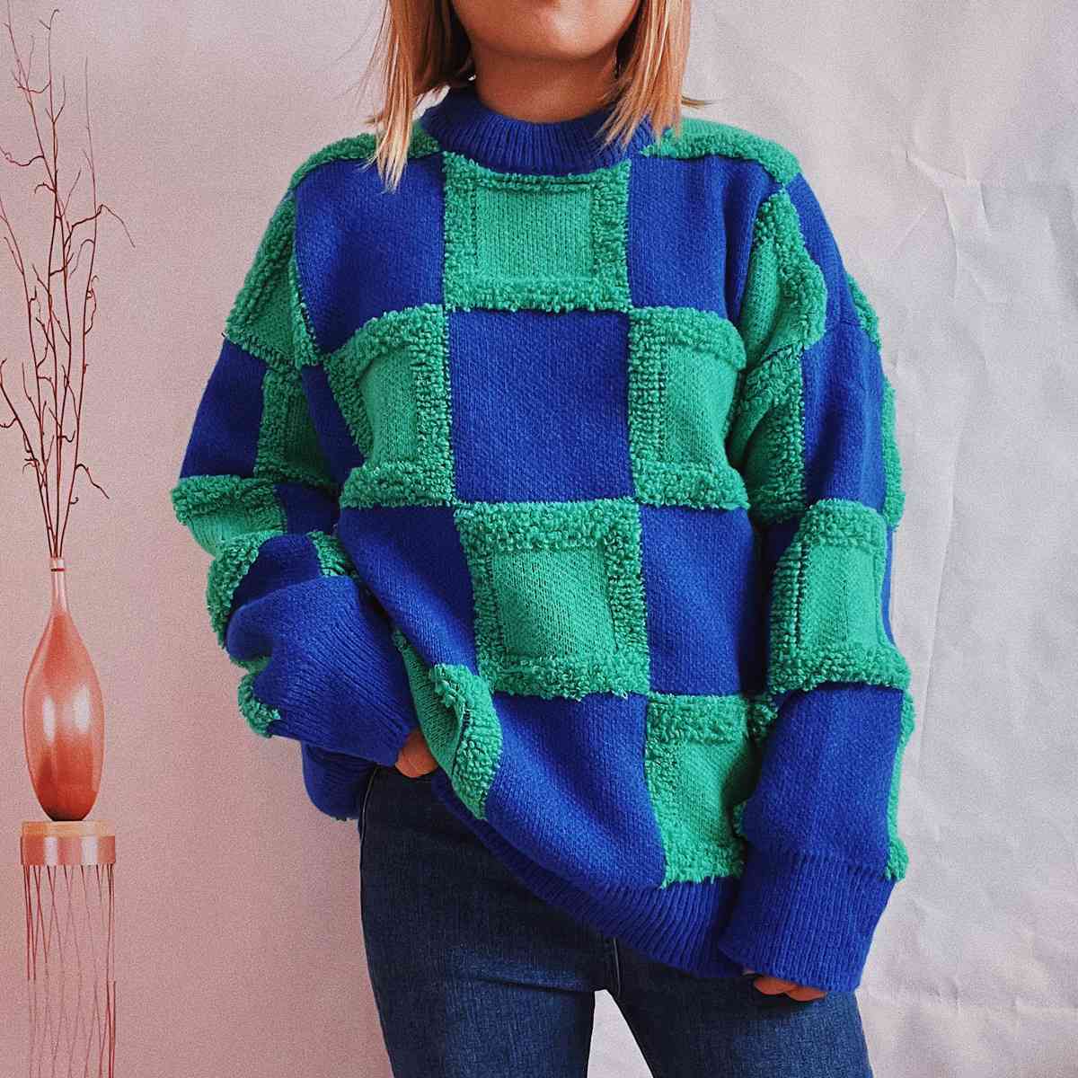Checkered Round Neck Long Sleeve Sweater - GlossiChic Collection Teal / S GlossiChic Collection apparel